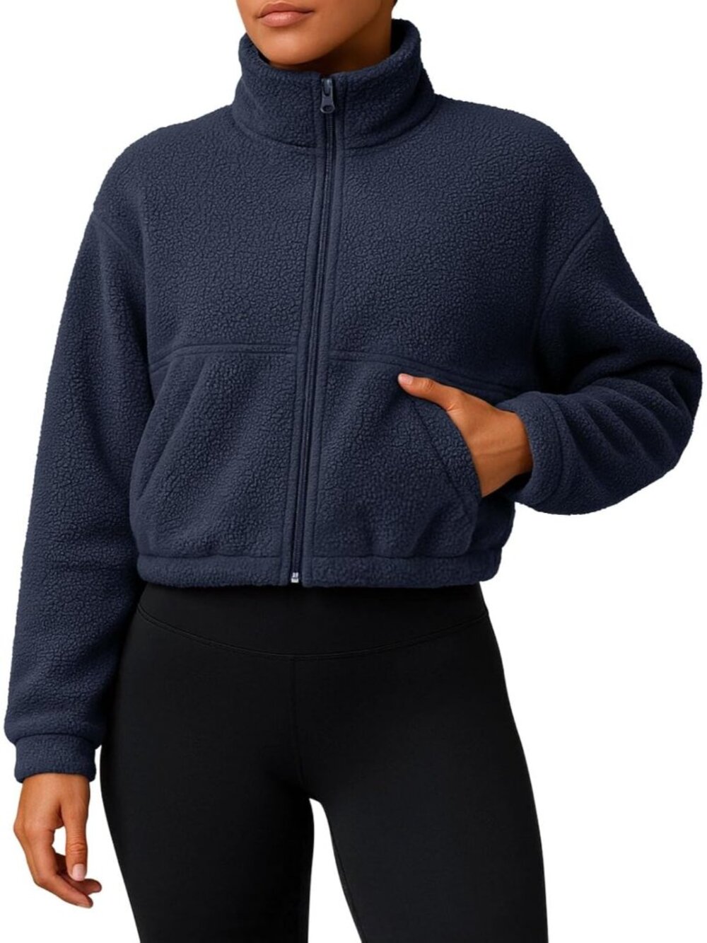 Women’s Navy Blue Cropped Full ZIP Cozy Warm Casual Coat Sherpa Fleece Jacket